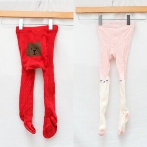 Baby Gap Set of 2 childrens tights red Christmas bear pink llama non-slip 12-24m